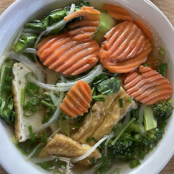 Close-up of a bowl of soup with tofu, carrots, broccoli, and green onions.